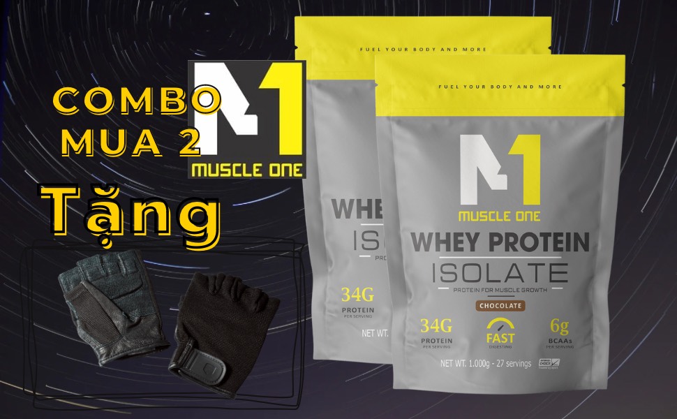 Sữa tăng cơ giảm mỡ, whey protein isolate MUSCLE ONE 2kg (combo 2 túi tặng bao tay tập gym)