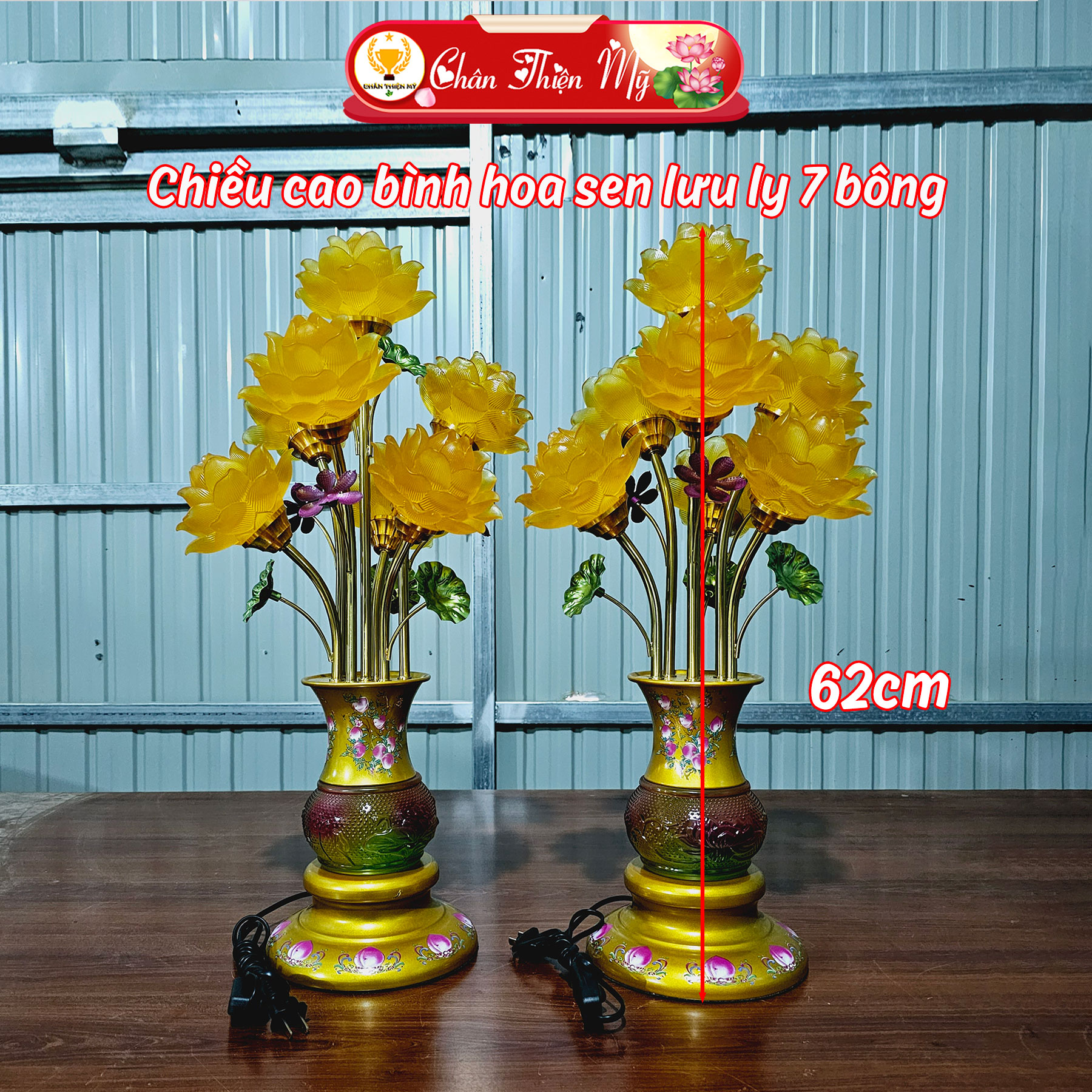 Đèn bàn thờ bình hoa sen lưu ly 5 bông, 7 bông, 9 bông led đổi màu chân thiện mỹ, đồ thờ cúng, trang trí bàn thờ cao cấp