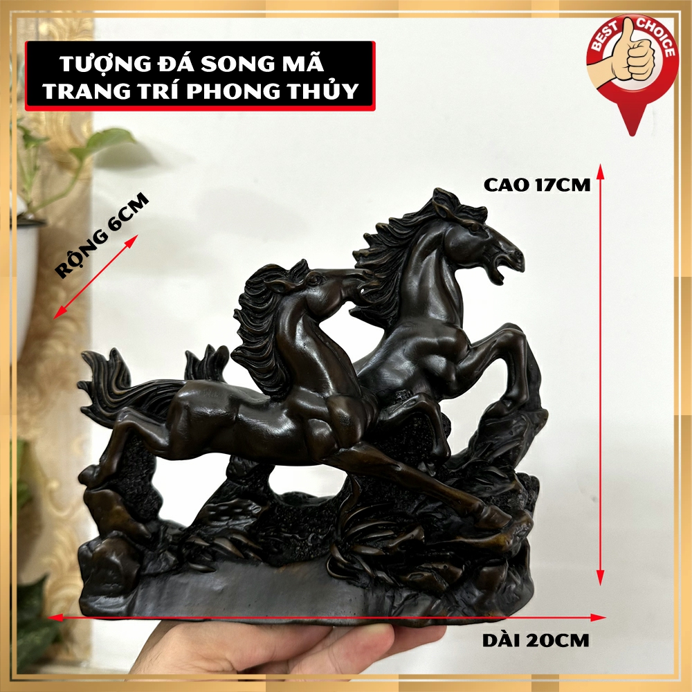 Tượng đá trang trí Ngựa phong thủy - Tượng đá song mã phong thủy để bàn làm việc - Dài 20cm - Màu nâu đen