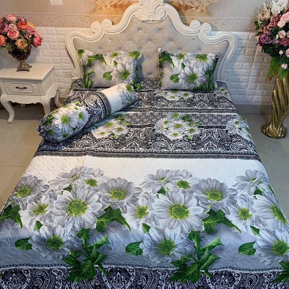 (FreeShip MAX) Bộ Chăn Ga Gối Combo 5 Món , Hoa Cúc Xanh -kovico  drap giường, ga giường, ra giường, drap trải giường,ga trải giường, drap trải giường đẹp ga trải giường cưới, bộ ga trải nệm mát, ga giường cưới,Ga giường spa