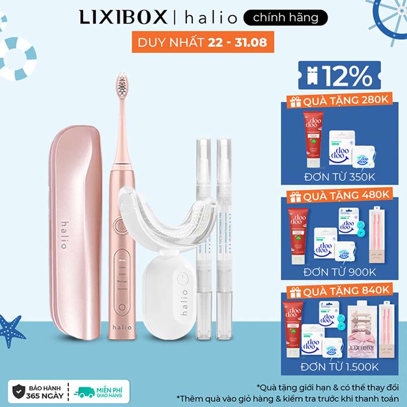 Combo Bàn Chải Điện Làm Trắng Răng Sonic Whitening Electric Toothbrush PRO - Rose Gold Và Máy Tẩy Trắng Răng Halio Blue Light Professional Teeth Whitening Enhancer