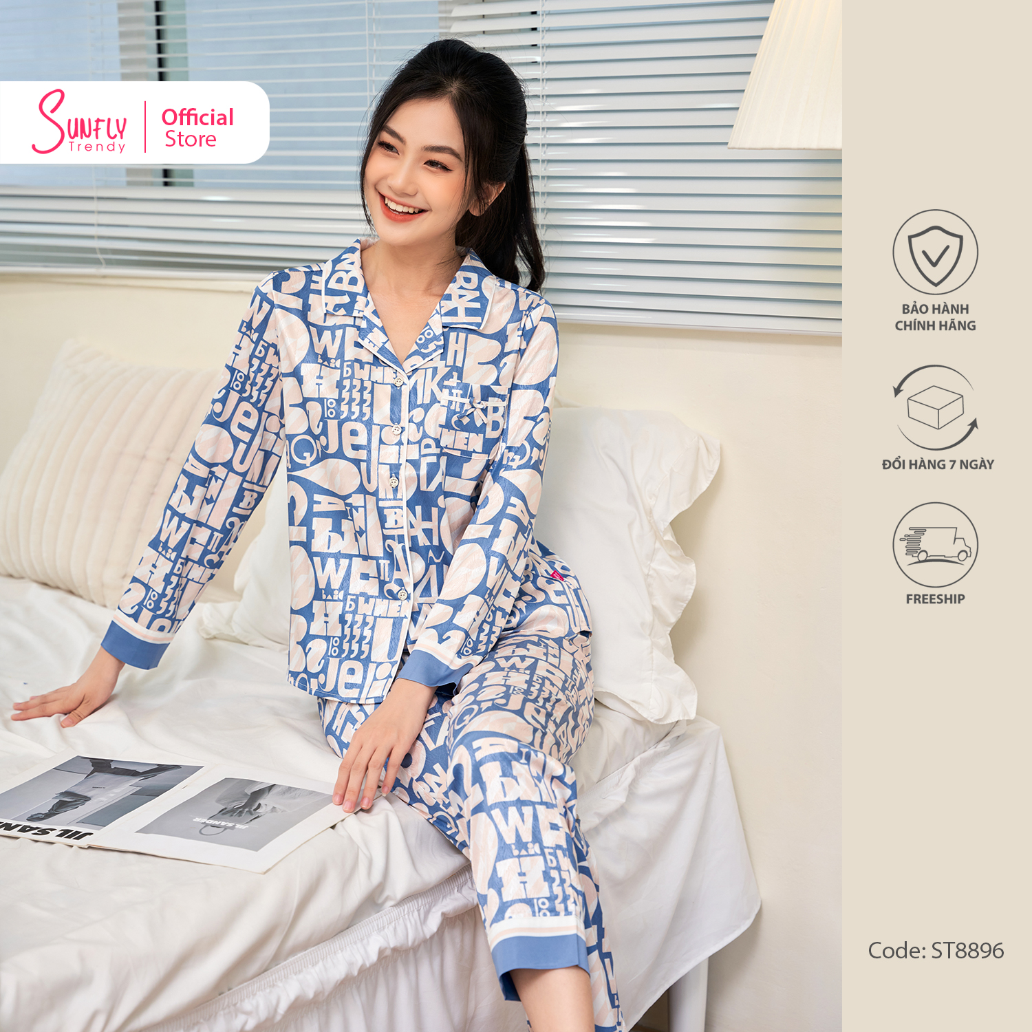 [VOUCHER ĐỘC QUYỀN 15.1 - GIẢM 15% TỐI ĐA 100K]Bộ Đồ Mặc Nhà Nữ Pyjamas Lụa Vân Gỗ SUNFLY Áo Tay Dài Quần Dài ST8896