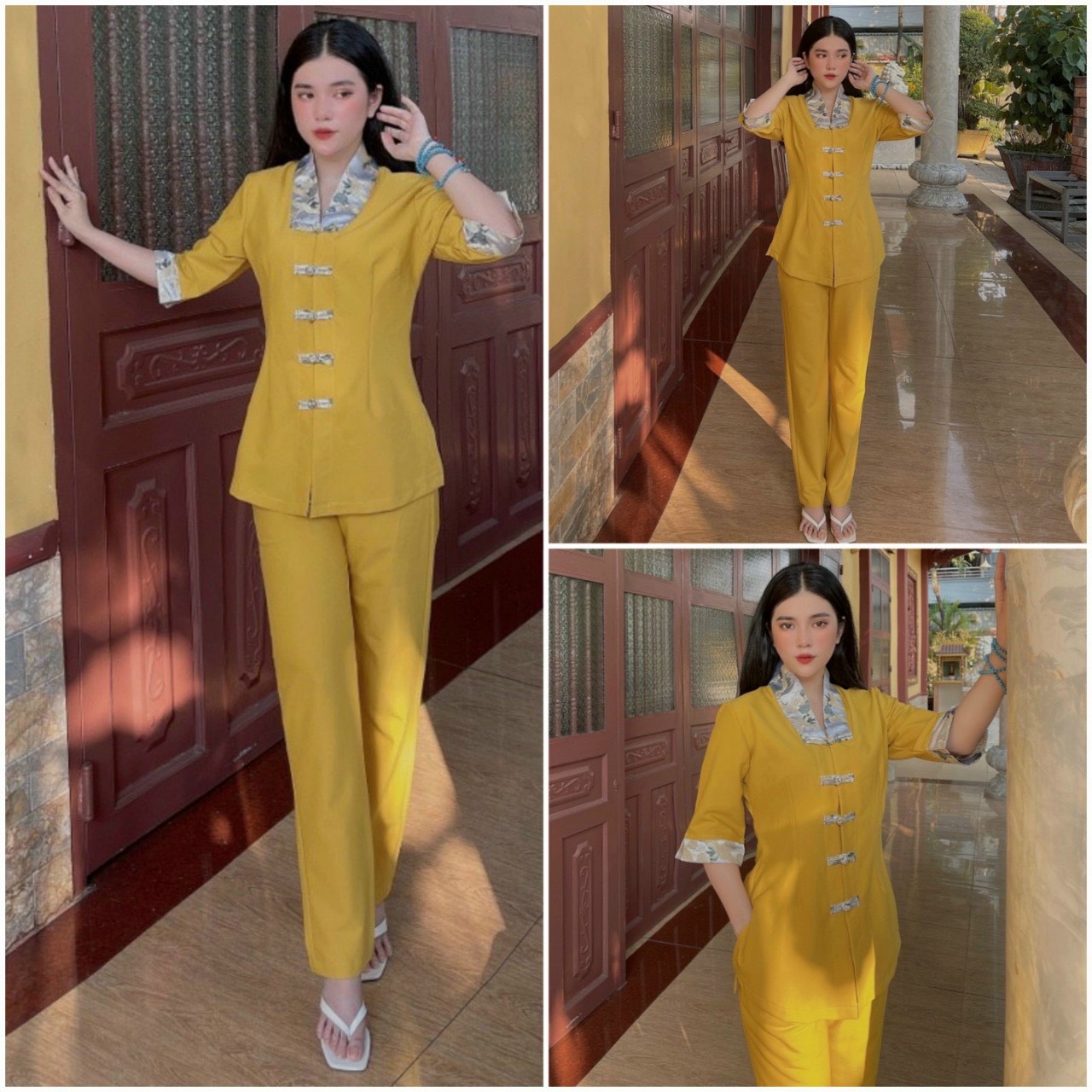 Đồ lam đi chùa # bộ viền hoa lụa hàn# quần áo nữ cao cấp