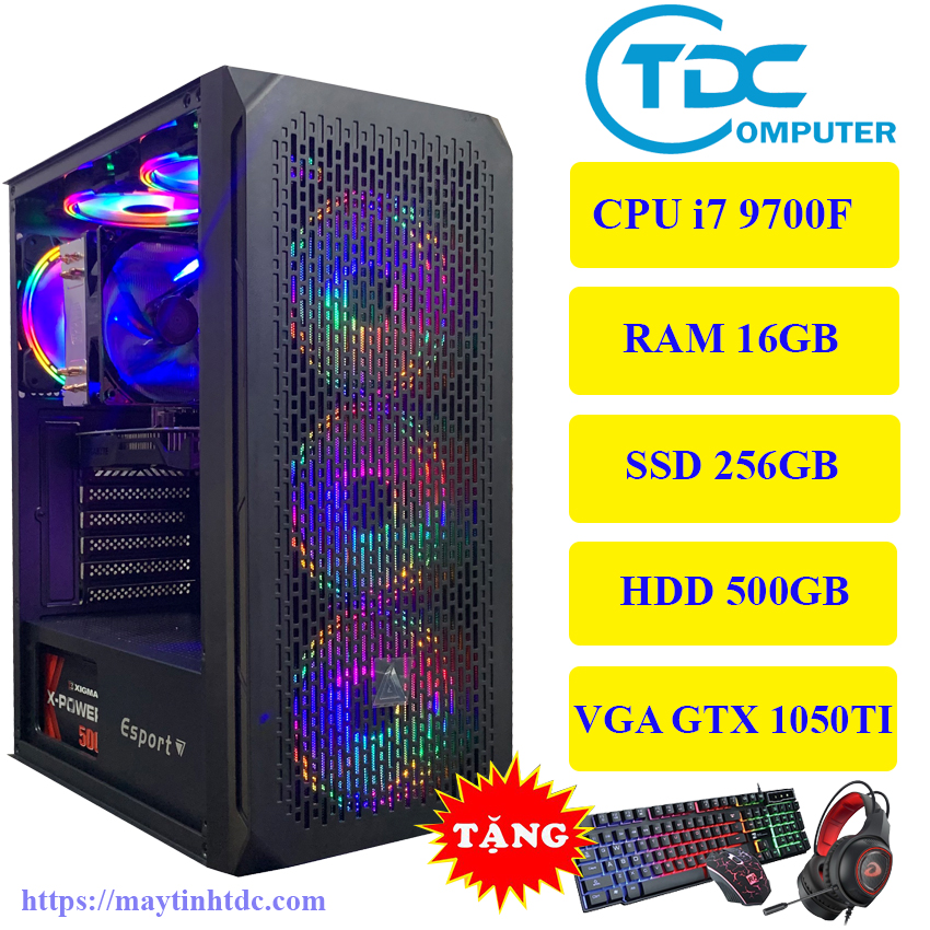 Case máy tính chơi game, máy tính thiết kế đồ họa,máy tính để bàn chơi game max pc cpu core i7 9700f, ram 16gb,ssd 256gb, hdd 500gb card 1050ti,tặng bộ phím chuột,tai nghe chơi game