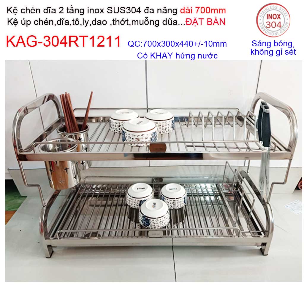 [HCM]Kệ đựng chén bát đặt bàn 70cm Kệ úp chén dĩa có khay hứng Kệ úp chén dĩa đa năng SUS304 Inox Kace KAG-304RT1211 dài 70cm