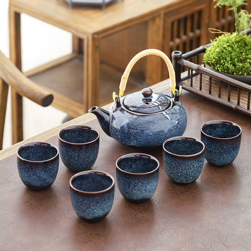 Bộ ấm chén sứ cảnh đức trấn pha trà đạo men thiên mục hỏa biến cao cấp kèm hộp quà tặng