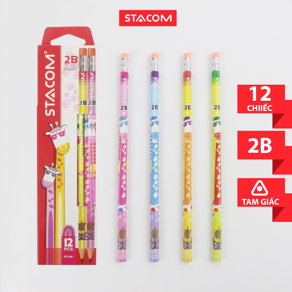 Hộp 12 cây bút chì gỗ hình thú stacom 2b/hb pc109