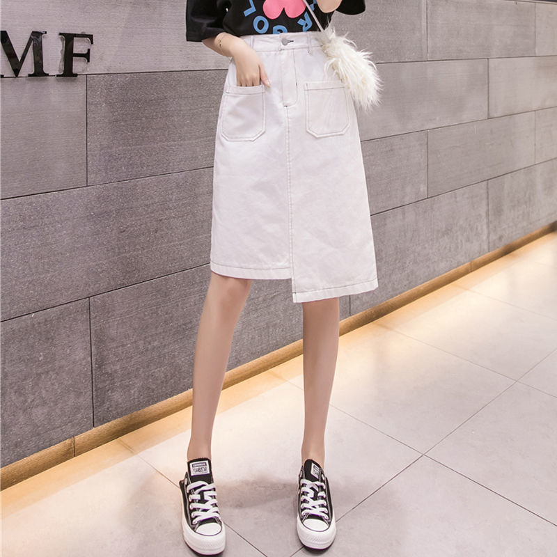 Váy denim trắng không đều a váy chữ chân váy bò chân váy nữ xuân hè 2023 mẫu mới cạp cao mẫu dài vừa