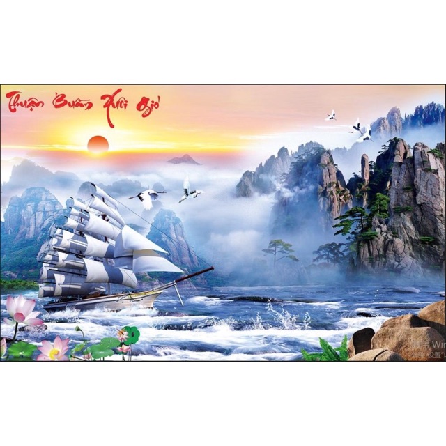 Tranh đính đá Thuận bườm xuôi gió kt 80x50 cm/Tranh thêu chữ thập kt 87x55 cm