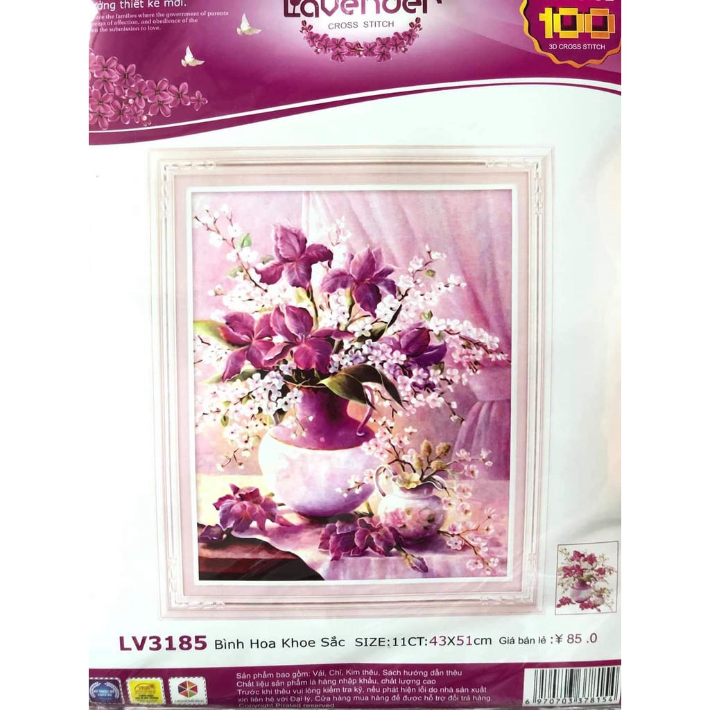 Tranh thêu chữ thập bình hoa tím lv3185 - kích thước 43 * 51