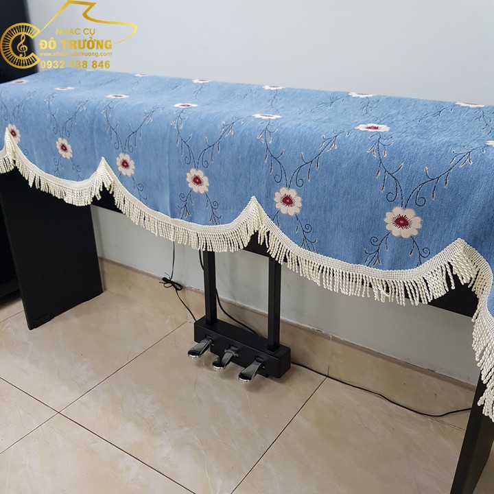 Khăn phủ đàn Piano xanh dương phối hoa
