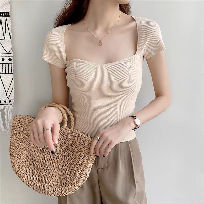 Áo thun cúp ngực cổ vuông chất thun co dãn form ôm body