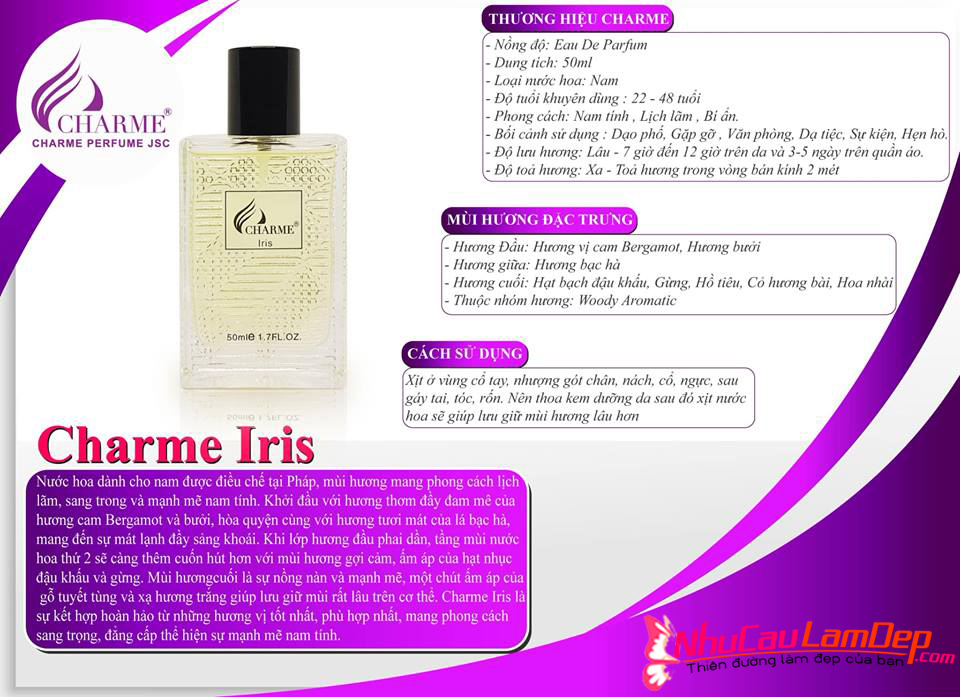 Nước Hoa Nam Iris 50ml Char.Me Cá Tính, Thơm Lâu