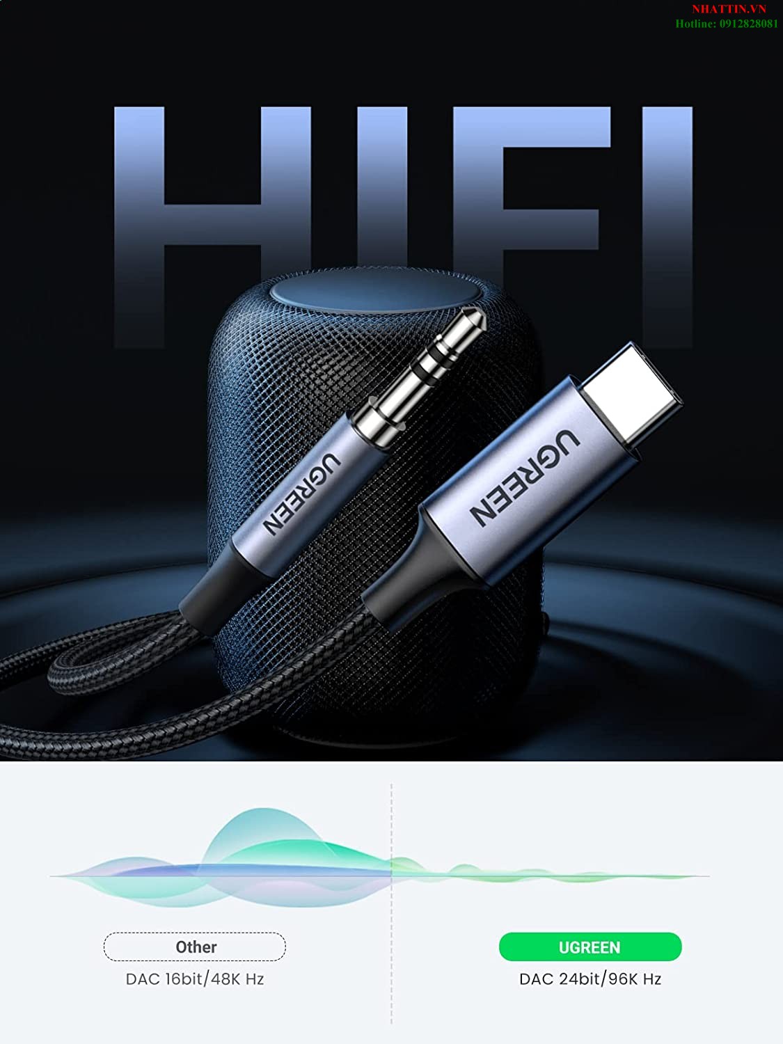 Cáp chuyển đổi USB Type-C sang 3.5mm dài 1M Ugreen 20192 cao cấp (có Chip DAC)