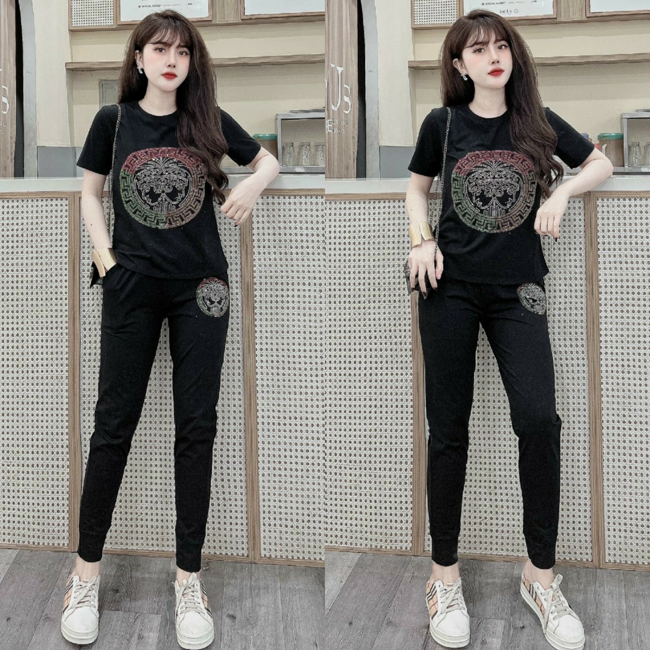 Đồ bộ thun cotton đính đá họa tiết (3 màu: đen, đỏ, cam)