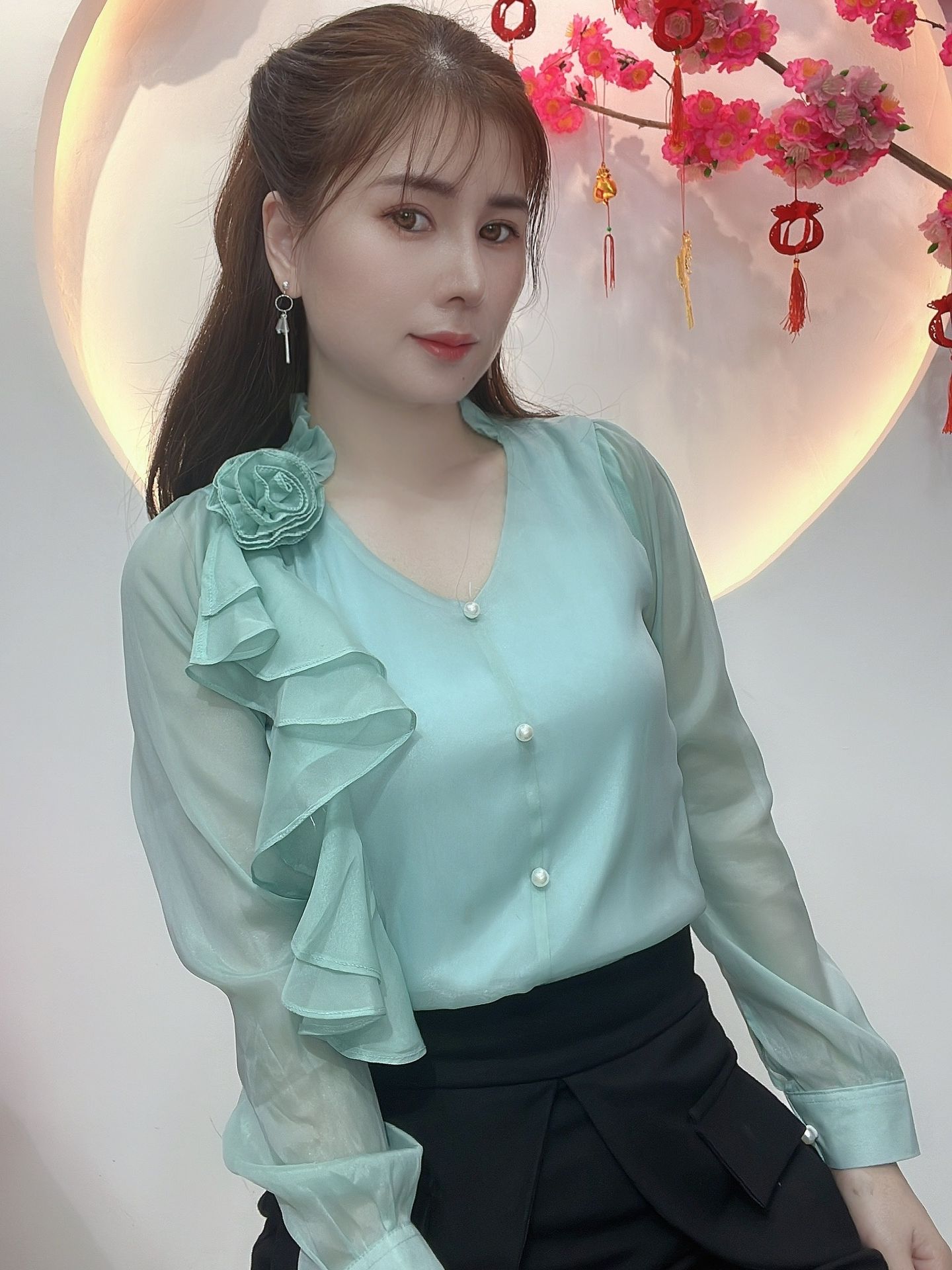 AN33- ÁO KIỂU CÔNG SỞ TAY DÀI BÈO HOA