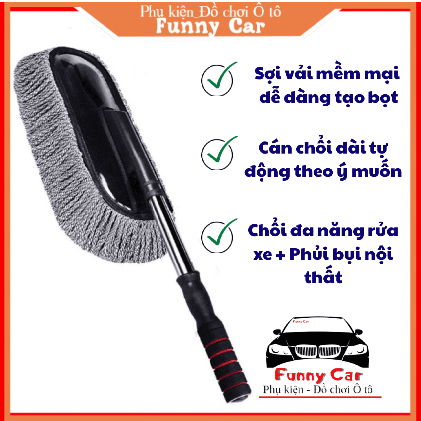 Chổi rửa xe ô tô xoay 360 độ chuyên dụng cán dài Funny Car, Sợi vải mềm mại tạo bọt tốt bảo vệ lớp sơn xe