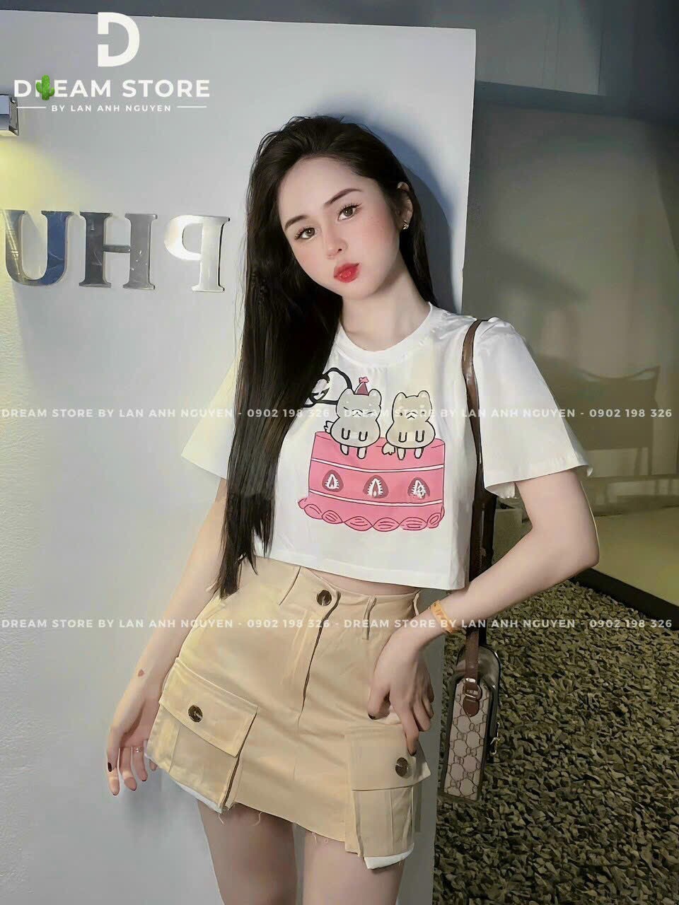 Áo tay ngắn croptop màu trắng xinh giá hạt dẻ