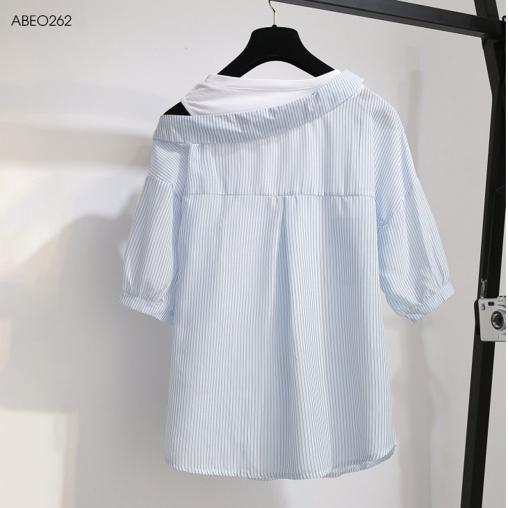 áo cổ sơ mi lệch vai phối trắng bigsize abeo262