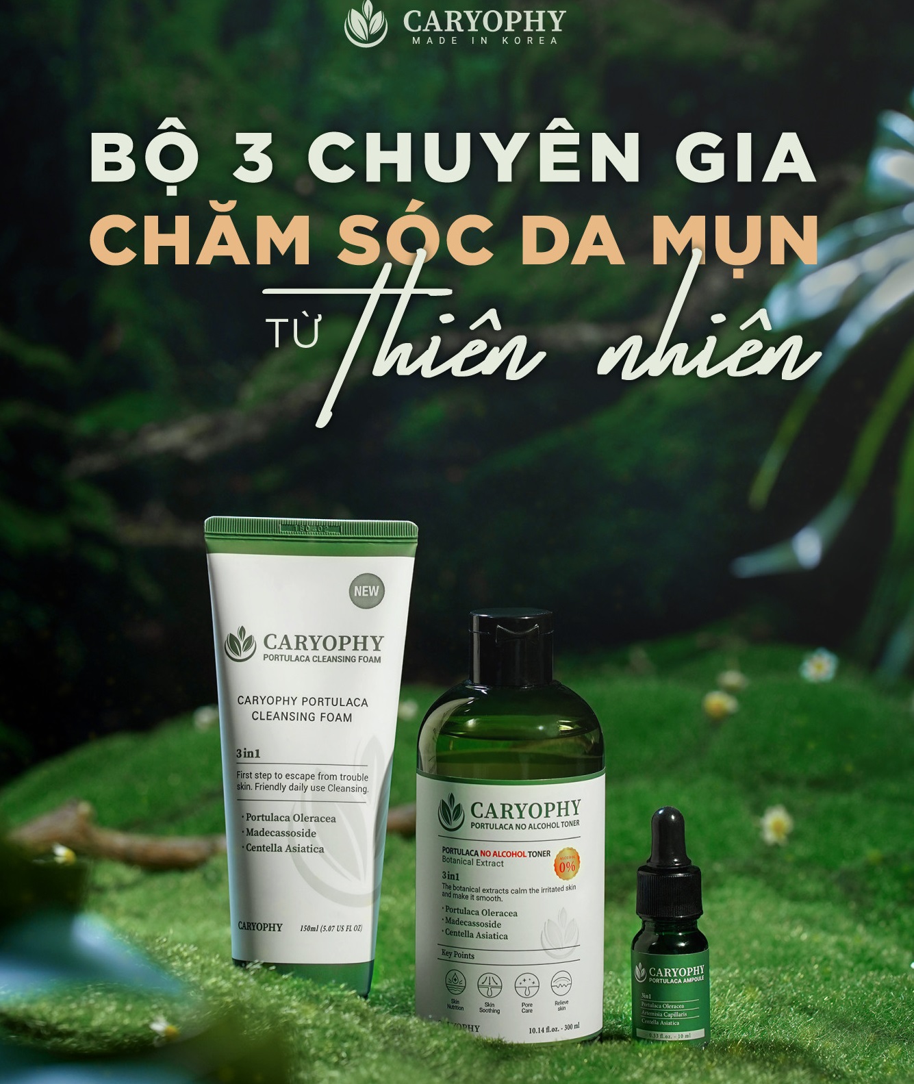 Bộ 3 Sản Phẩm Dưỡng Da Giảm Mụn Thâm Caryophy (Sữa rửa mặt 150ml +  Toner 300ml + Serum 30ml)