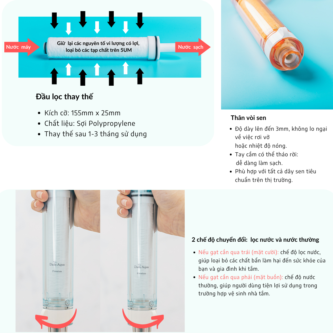 Trọn Bộ Sản Phẩm Lọc Nước Daily Aqua - Vòi sen Lọc Nước, Vi Khuẩn, Tạp Chất & Lõi Lọc Nước Vitamin