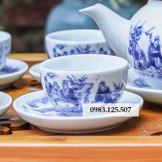 Bộ ấm chén men lam ''Bình An'' - vẽ Trúc Lâm Thất hiền