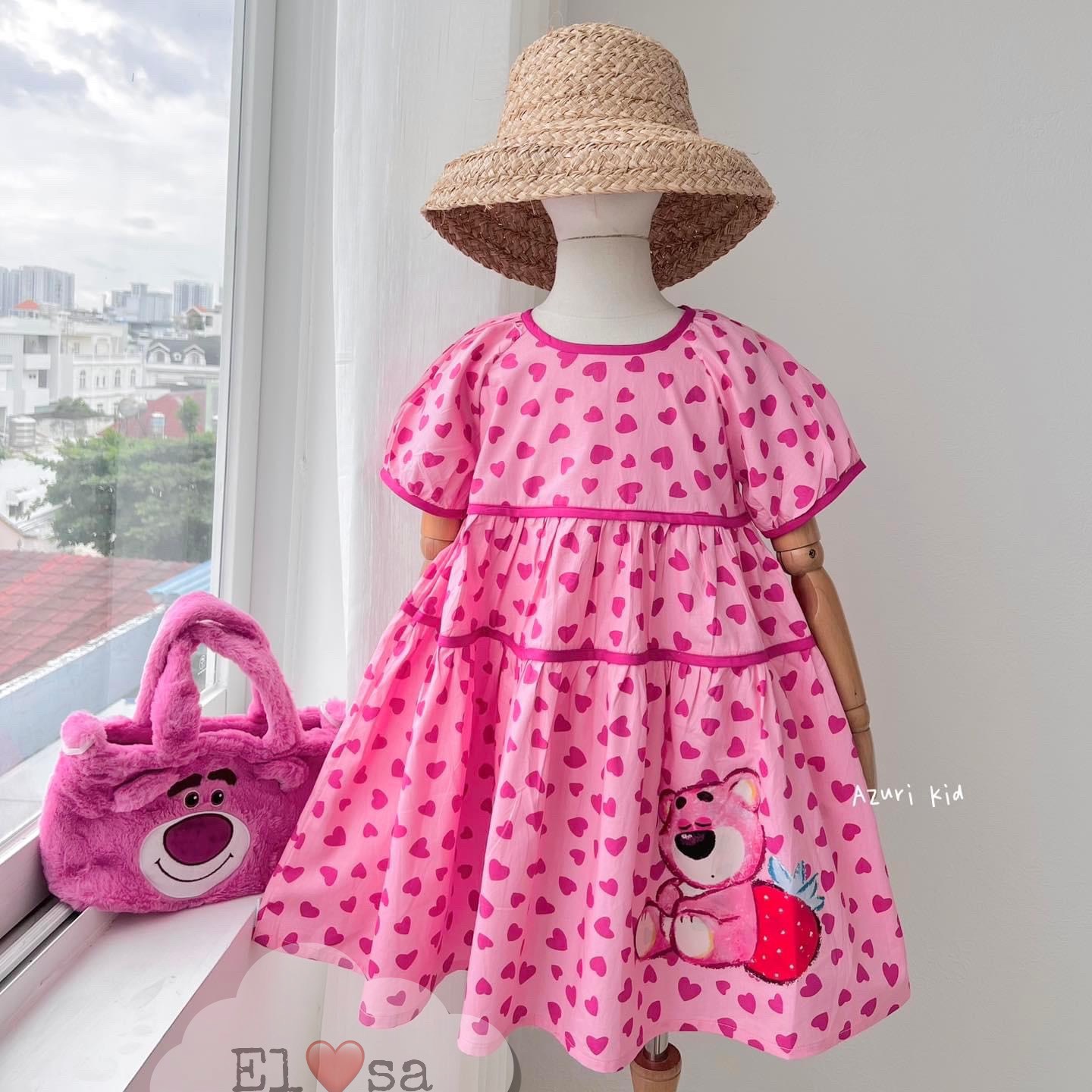 Váy bé gái- váy tim gấu hồng 2 tầng siêu xinh cho bé 1-8 tuổi