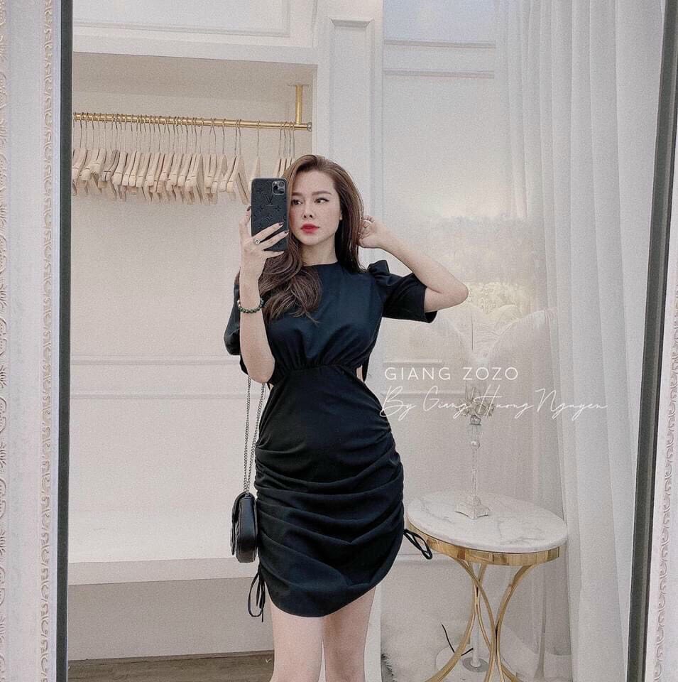 Đầm nữ cổ tròn rút 2 dây hồng