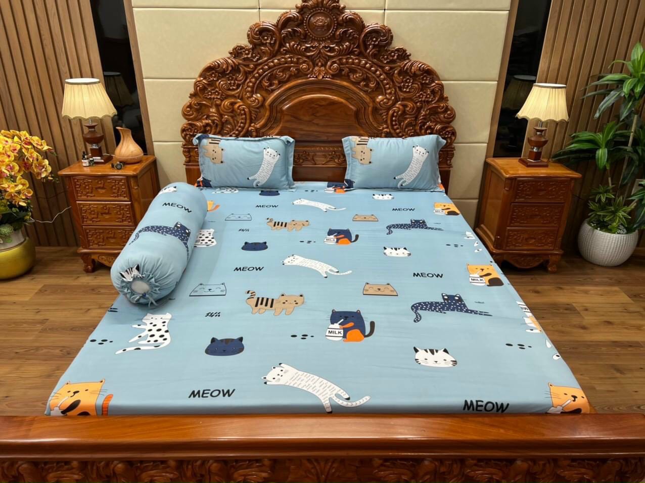 Bộ drap ga thun Hàn quốc mẫu chú mèo