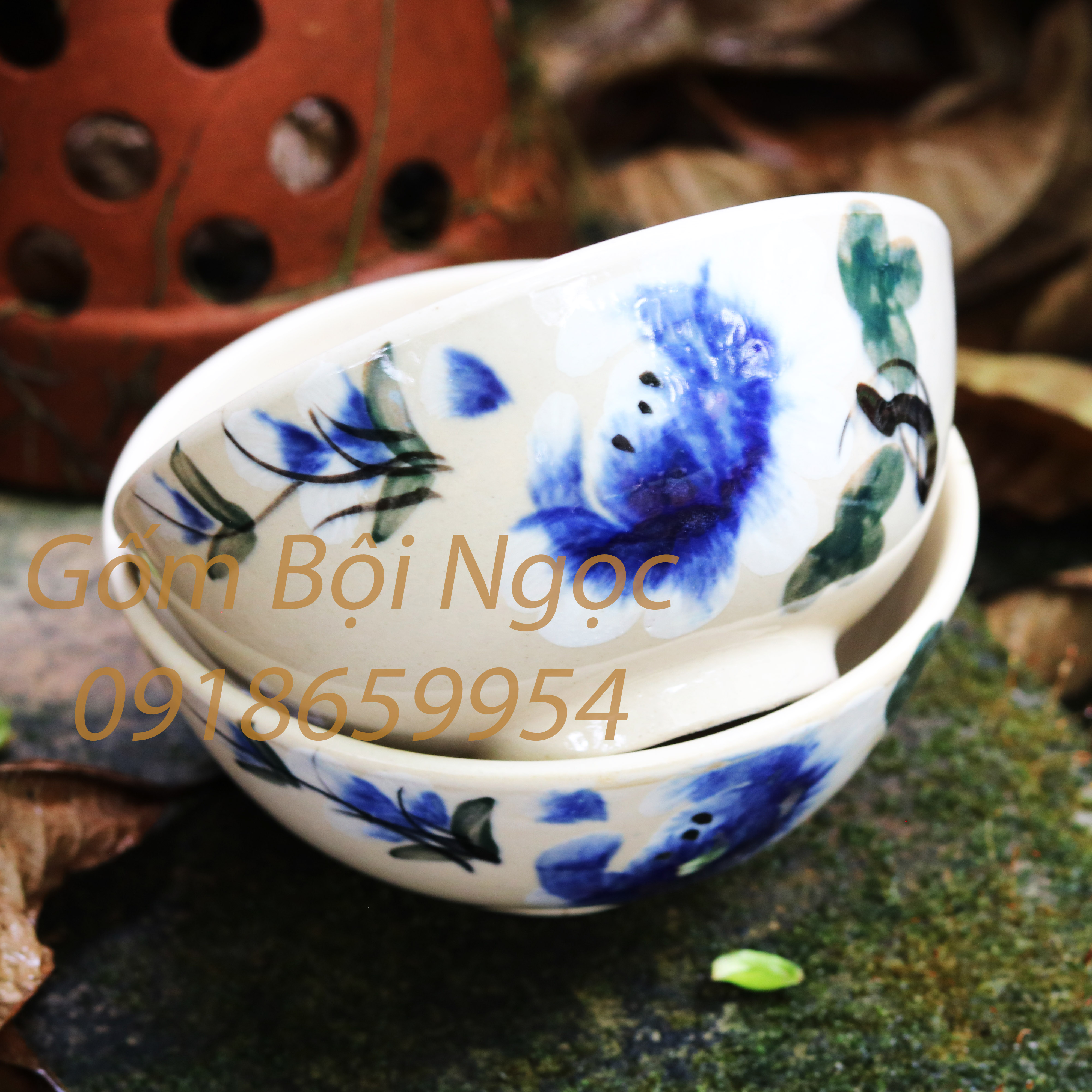 1 chén ăn cơm vẽ hoa xanh cổ xưa đường kính 12.5cm - gốm xưa cho người hoài niệm - gốm lái thiêu - gốm nam bộ - ch1xd1