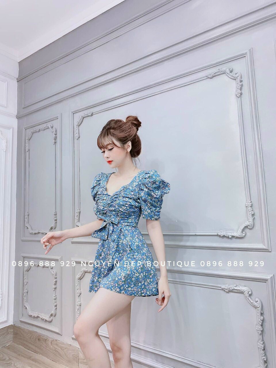 [HCM ] Jum hoa đùi cổ vuông tay búp nơ eo