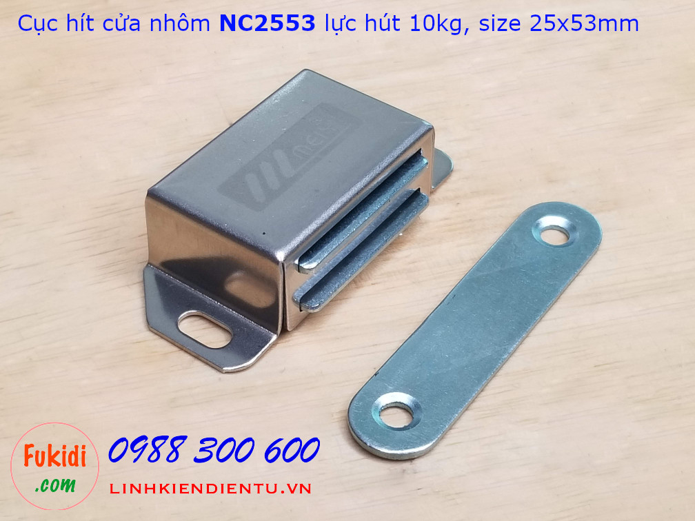 Cục hít cửa nhôm, nam châm hít cửa tủ NC2553, lực hút 10kg, vỏ inox kích thước 25x53mm