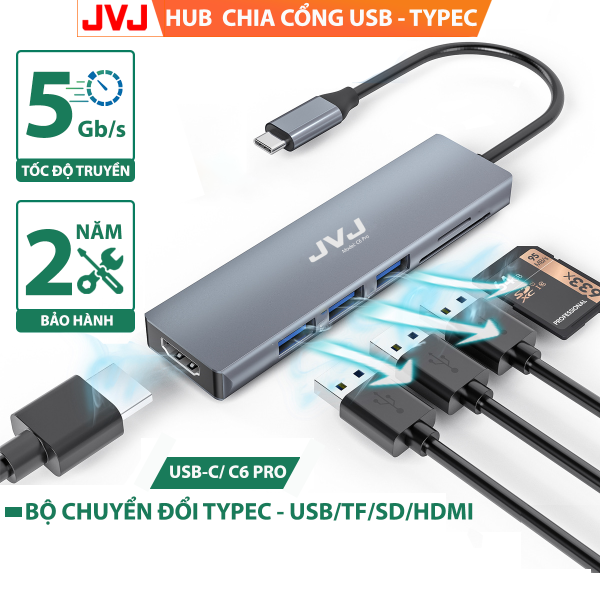 Bảng giá Bộ chuyển đổi đầu đọc đa năng USB Type-C 6in1 C6 JVJ 4K HDMI USB 3.0 cho MacBook, Dell XPS 13 thiết bị hỗ trợ USB type C Cổng USB 3.0 4K HD Thẻ TF Thẻ Nhớ SD Đầu Đọc Thẻ Micro Bộ Chuyển Đổi Tốc Độ Cao Máy Tính MacBook Phong Vũ