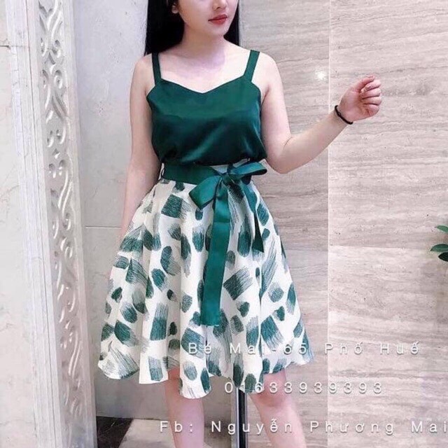 Đầm xòe nữ dự tiệc màu xanh cột nơ eo
