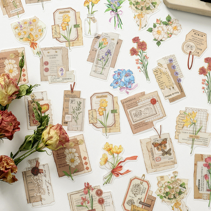 Nhãn dán Sticker hoa và tranh/ thiệp vintage, sitcker hình tag list tùy chọn trang trí bullet journal  Tuệ Minh