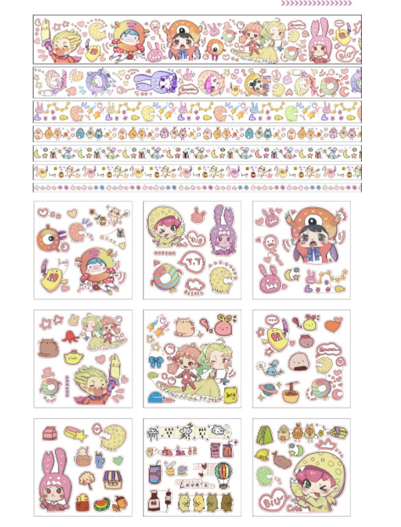 Set 7 cuộn băng dính và 9 miếng dán sticker trang trí đồ dùng cá nhân hoạt hình Chibi siêu xinh BAG U SETSBD588