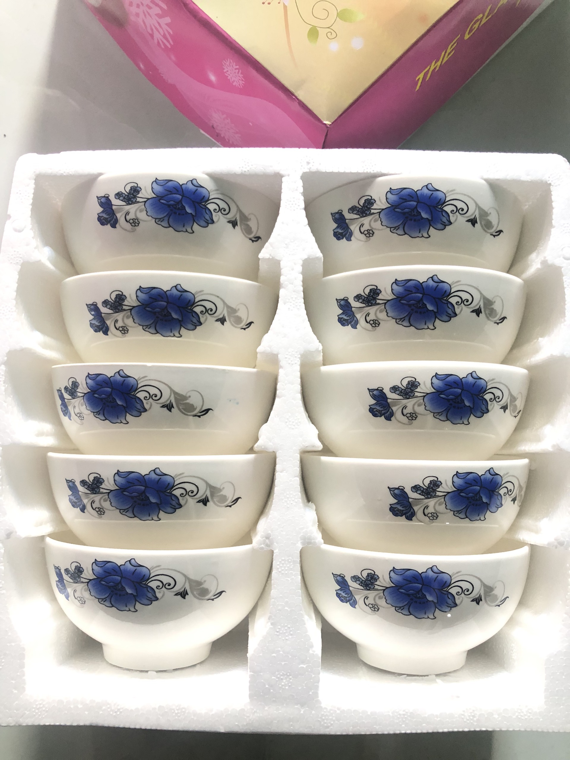 Bộ 10 chén ăn cơm sứ cao cấp, họa tiết hoa văn, set 10 bát ăn cơm giao ngẫu nhiên