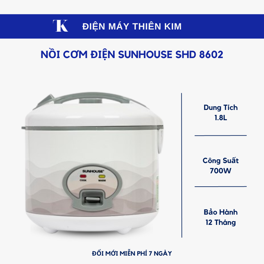 Nồi cơm điện sunhouse shd 8602 - 1.8l 700w - van thoát hơi thông minh - nắp trong dạng tổ ong - nồi cơm điện nắp gài - bảo hành 12 tháng toàn quốc