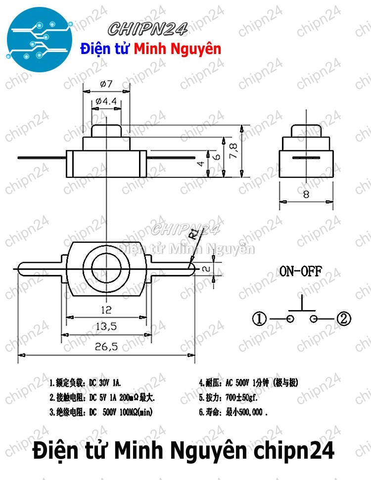 [3 cái] (F103.5) Công tắc đèn pin 2P 1208YD Trắng - HH002843