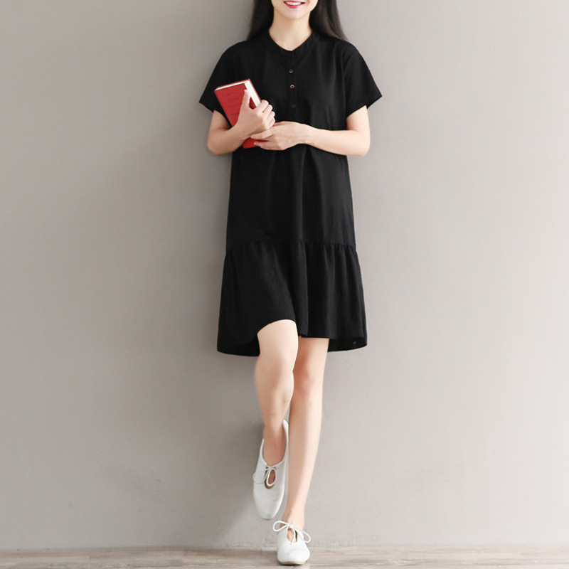 Váy đuôi cá dáng babydoll, Đầm nữ đi chơi dáng suông đuôi cá chất đũi mát màu đen Da80