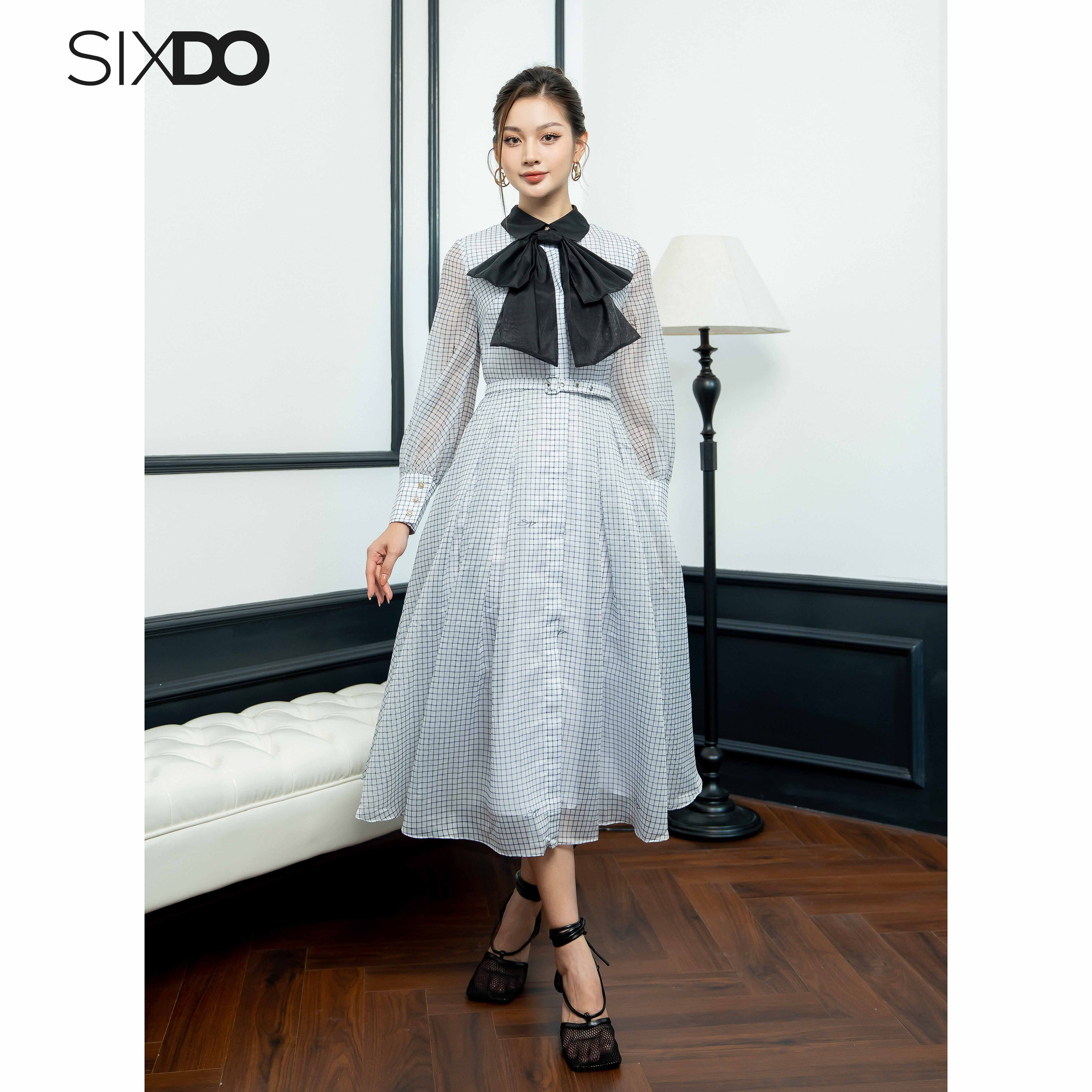 Đầm sơ mi kẻ caro phối nơ cổ sixdo