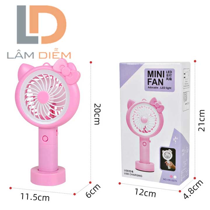 Quạt sạc đèn led mini cầm tay có đế siêu mát mèo kitty