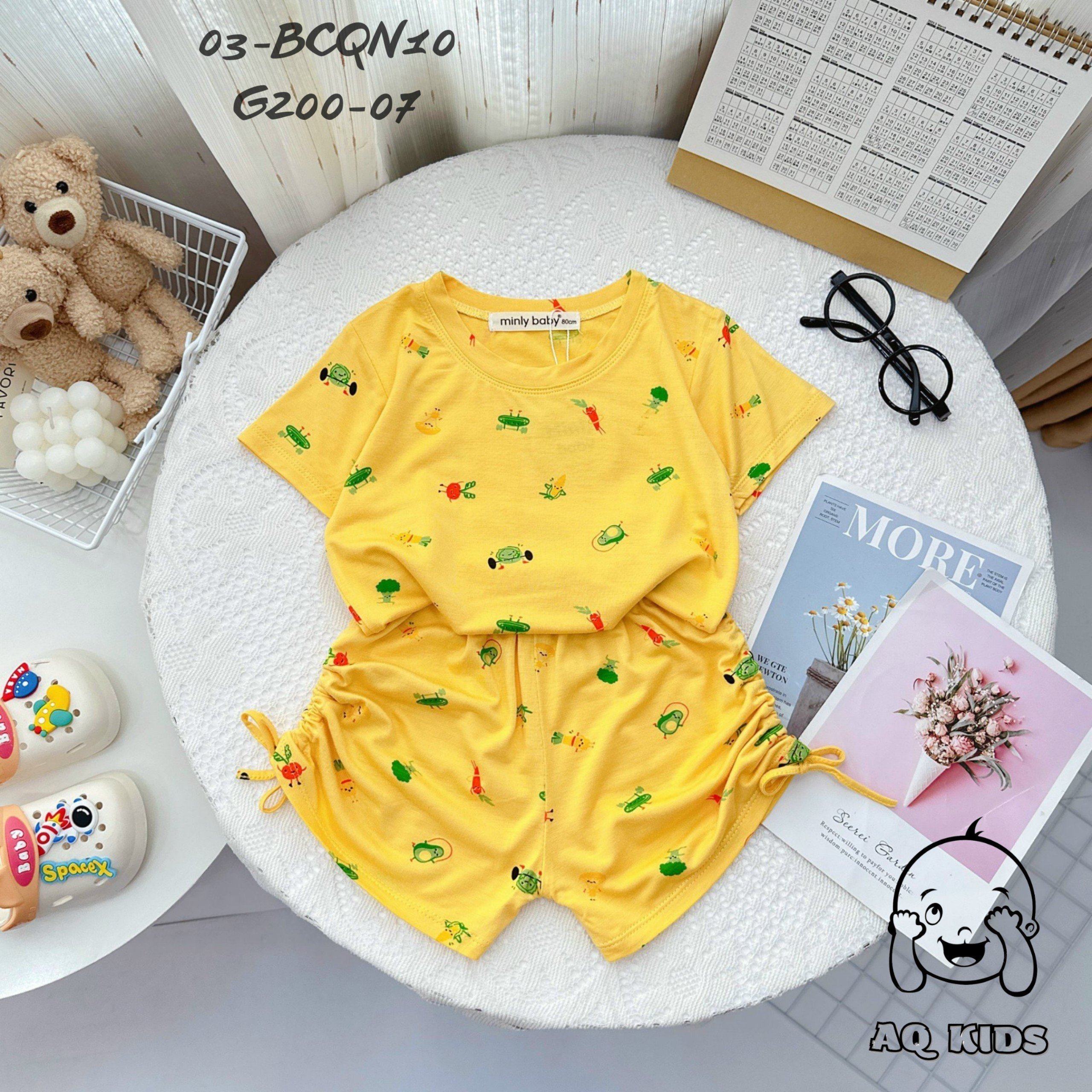 Bộ cộc tay thun lạnh minlybaby bé gái size đại in họa tiết quần rút nơ sành điệu unibaby bcqn12