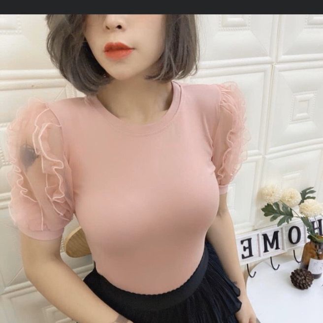 Áo thun zip tay phồng voan viền cổ tròn
