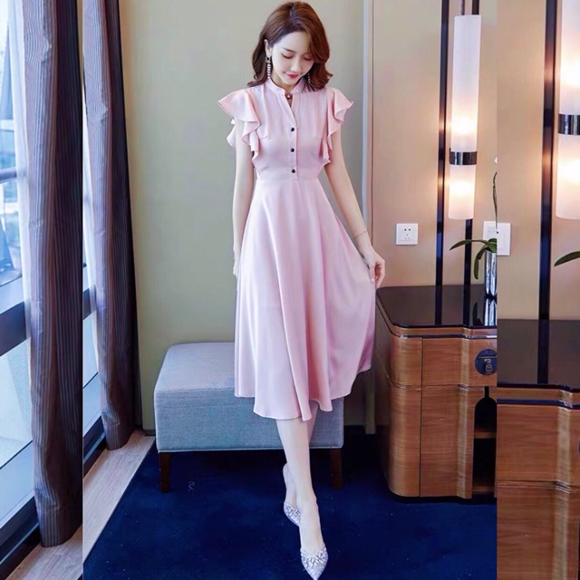 Đầm hồng cánh tiên nút đen ms136