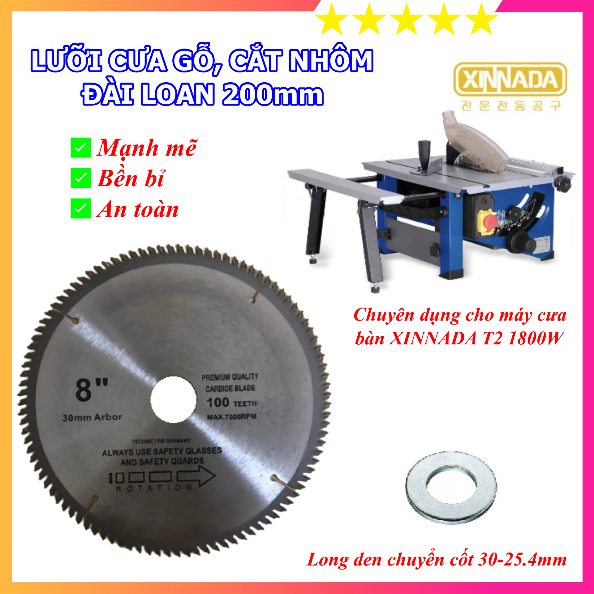 Lưỡi Cưa Gỗ Cho Máy Cưa Bàn Trượt XINNADA T2 - (D200mm - Cốt 30-25mm) - Lưỡi Cắt Nhôm 200mm - 100 răng - Lưỡi Cắt Hợp Kim Cao Cấp - Công Nghệ Đức