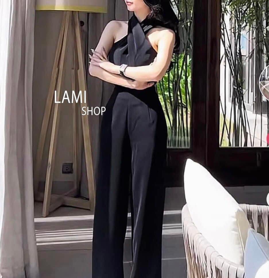 Jum quần ống rộng dài màu đen, jum yếm quần ống suông dài, jum đen mặc đi tiệc cưới cổ yếm, jum hotgirl sang chảnh
