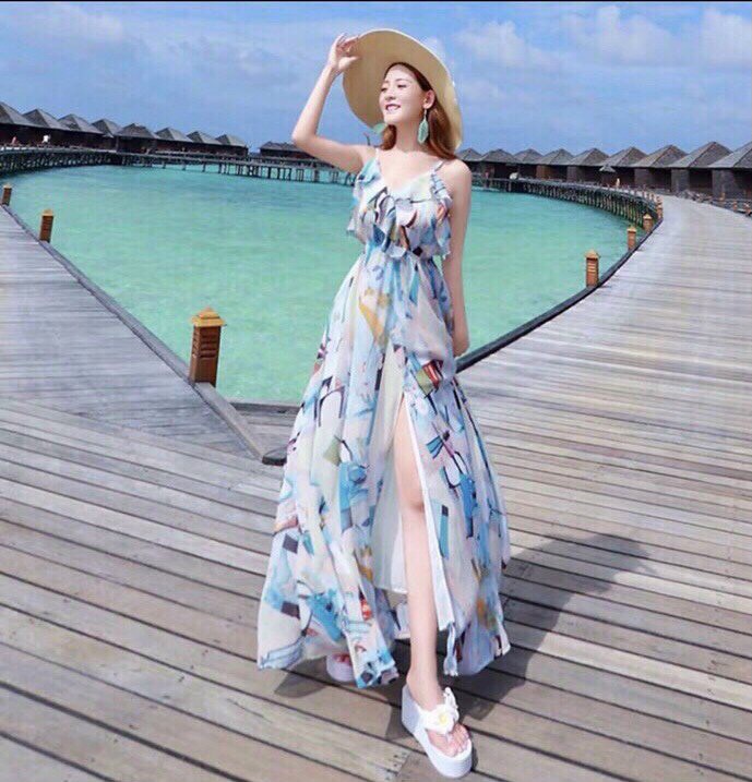 đầm maxi 2 dây hoa