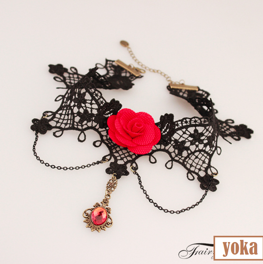 [HCM]Vòng cổ choker ren đen bông hồng đỏ phá cách