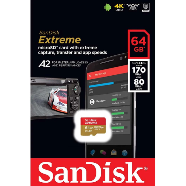Memory card microSDXC SanDisk Extreme 64GB V30 U3 4K A2 R160MB/s W60MB/s (yellow)